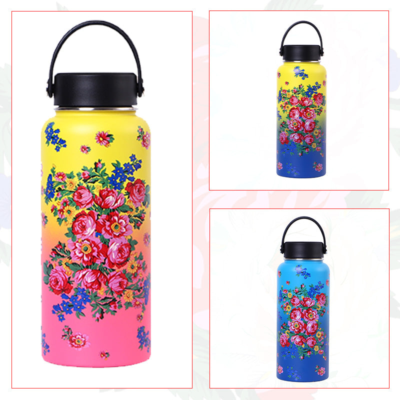 32 Oz Kokum Floral Vacuum Bottle with Insulated Cup Carry Handle